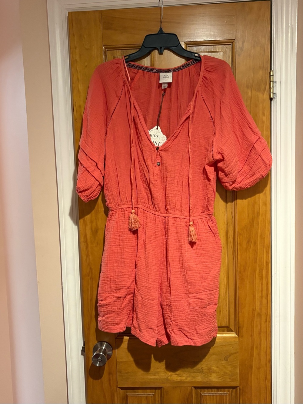 Coral Gauze Romper With Tassle Tie.
